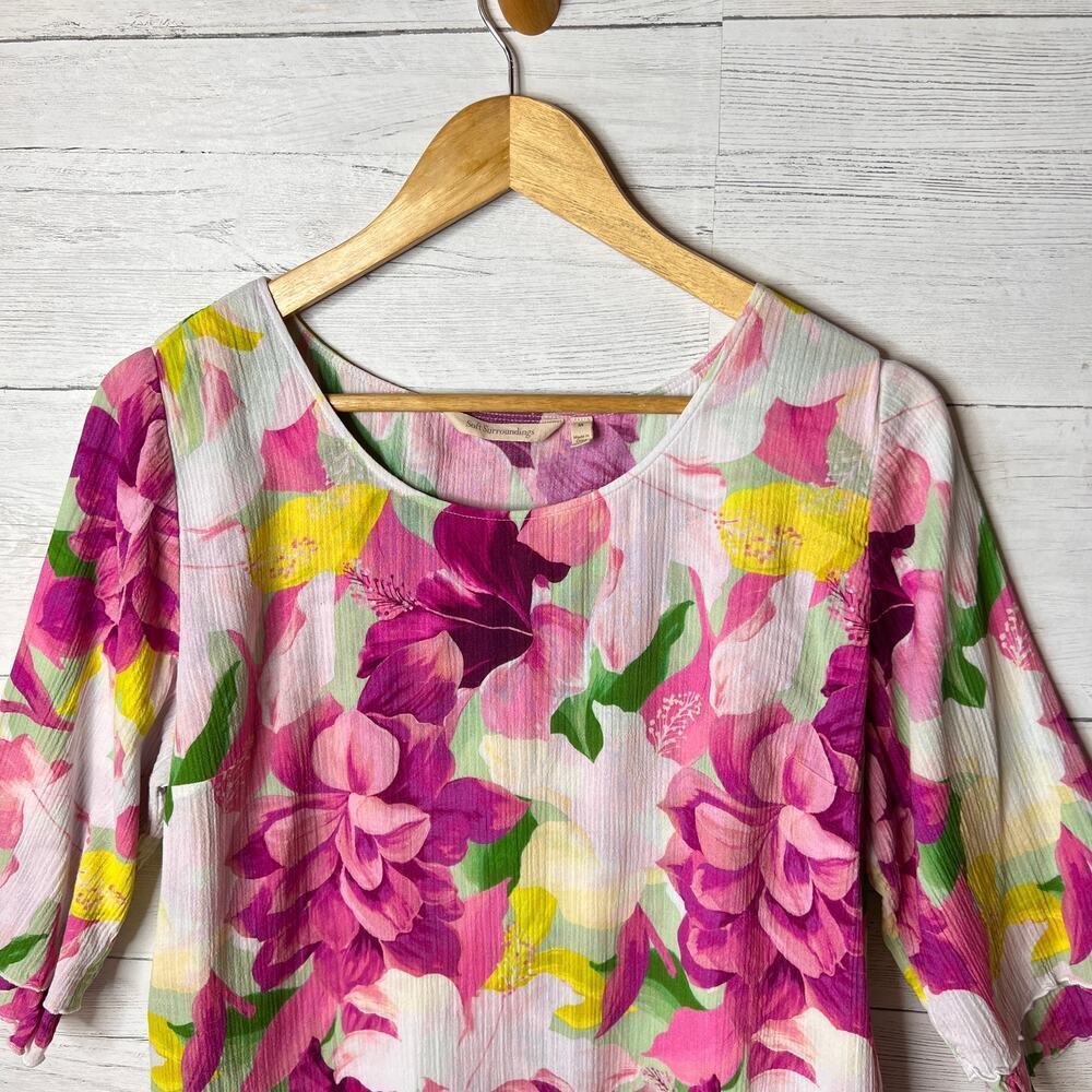 Soft Surroundings Blouse Womens Size Medium Colorful Floral Tiered Scallop Hem - Picture 9 of 16
